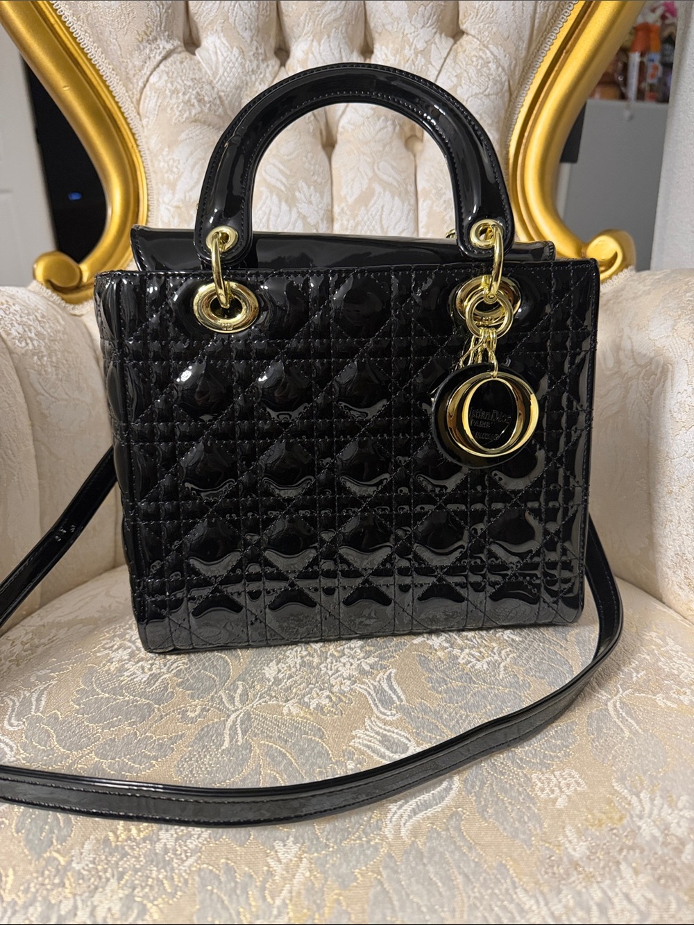Black Patent Quilted Top-Handle Tote with Gold Hardware